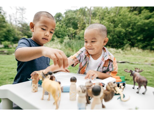 動物の人形で遊ぶ男の子たち