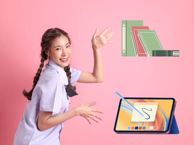 女の子とタブレットと本