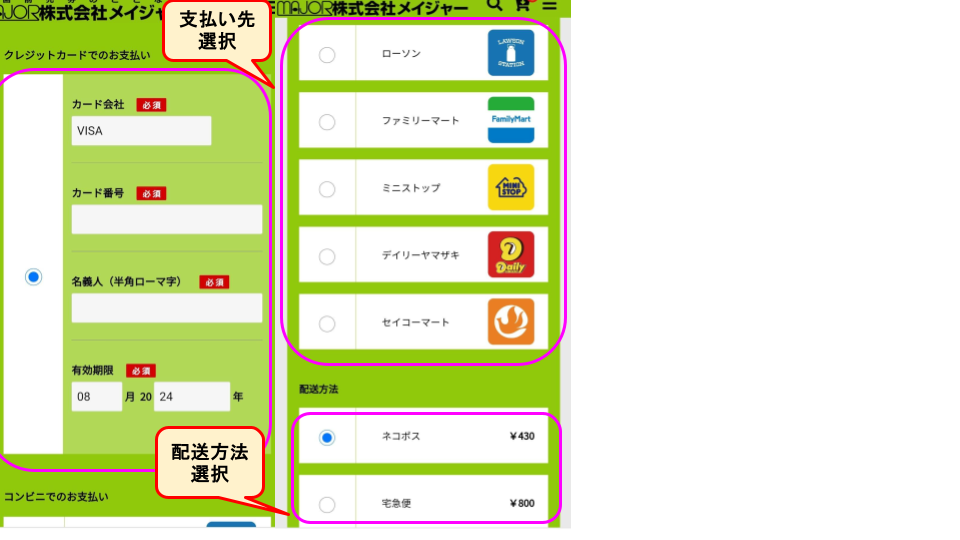 支払い先と配送方法の選択