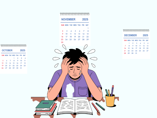 勉強で悩んでいる学生とカレンダー